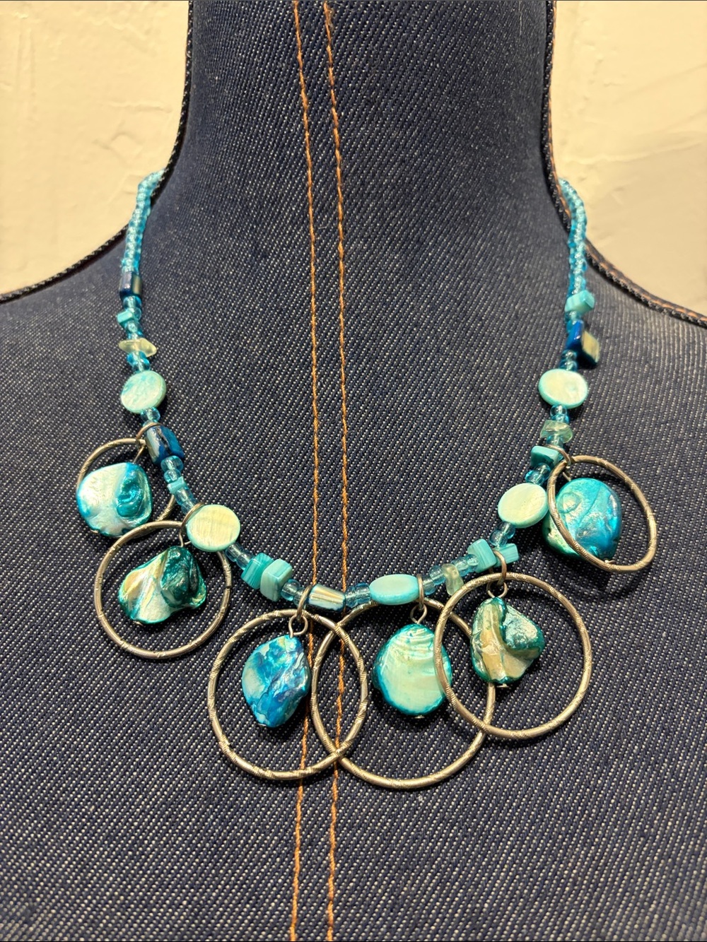 Turquoise Blue Beaded Statement Necklace with Metal Rings
